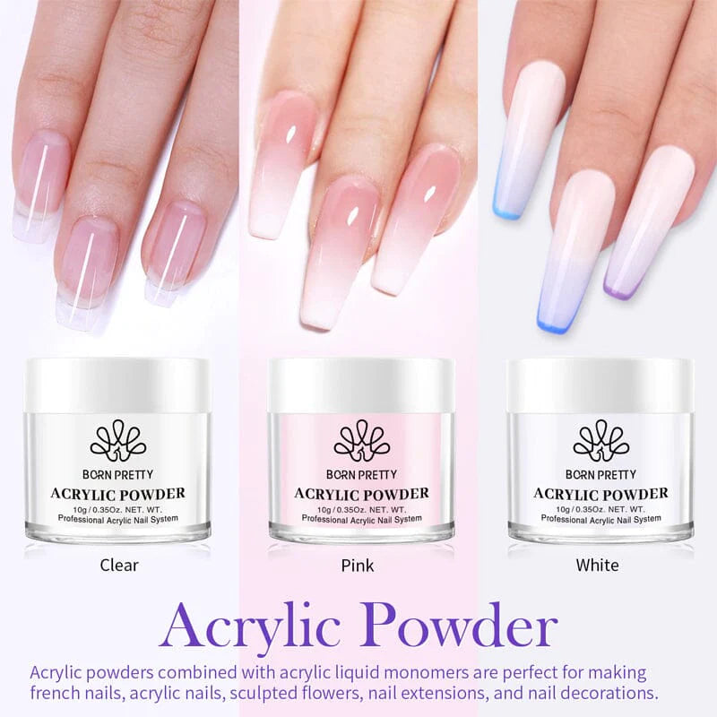 BORN PRETTY Acrylic Powder 10g(1oz) Clear White Pink Acrylic Powder set 0f 3  for Nail Extension and Nail Carving