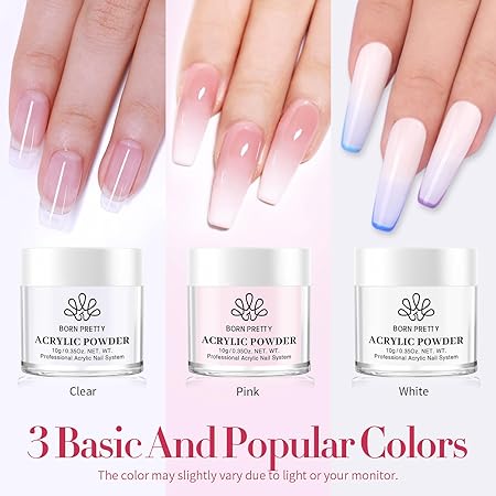 11 PCS Acrylic Nail Art Kit BORN PRETTY Top Coat Primer Acrylic Powder And Monomer Liquid  Clear White Pink Acrylic Powder -60ml Liquid ,Jar, Filer, Brush, Tips for Acrylic Nails Extension Manicure Cute Nail Art For Beginners