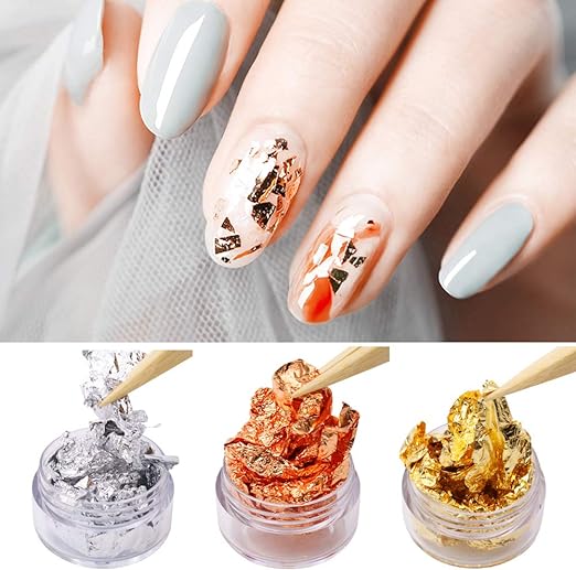 Set of 3 pots gold, silver, copper nails decorative flakes  imitation gold flakes stickers for DIY nail art, Nail art decoration Accessories