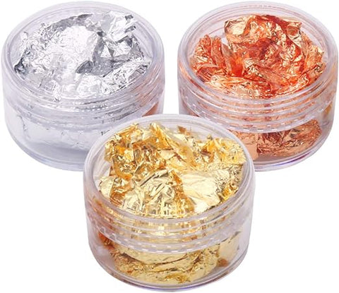 Set of 3 pots gold, silver, copper nails decorative flakes  imitation gold flakes stickers for DIY nail art, Nail art decoration Accessories