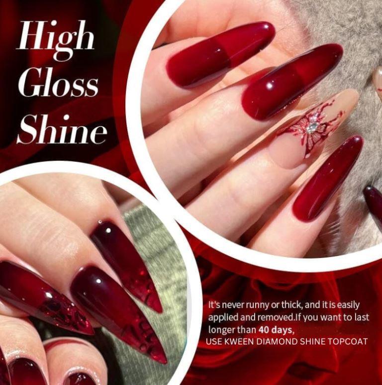KWEEN Burgundy Jelly Gel Nail Polish Glossy Short Stiletto Reusable UV Finish Fake Nails Acrylic False Nails Manicure Kits for Women Gift
