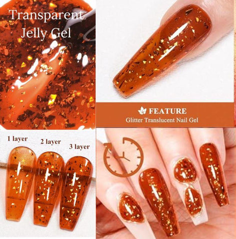 Kween Jelly Crystal Platinum Glitter Chunks Gel Nail Polish Translucent Coral Caramel Amber Brown Autum Color Soak Off UV LED Manicure Gel