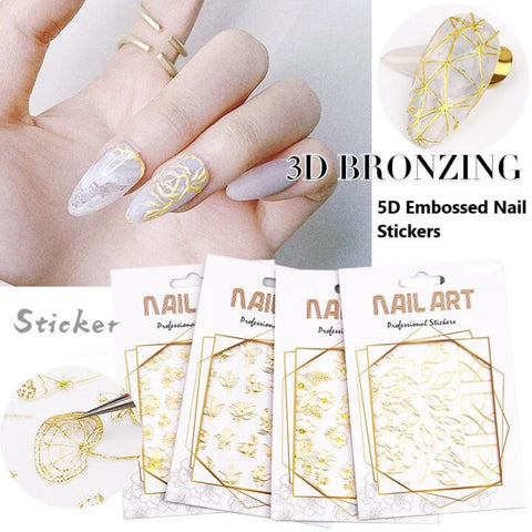 5D Nail sticker Flower and Lines Nail Decals Embossed foiled Gold White Self Adhesive Waterproof Nail Tip Decor Tool