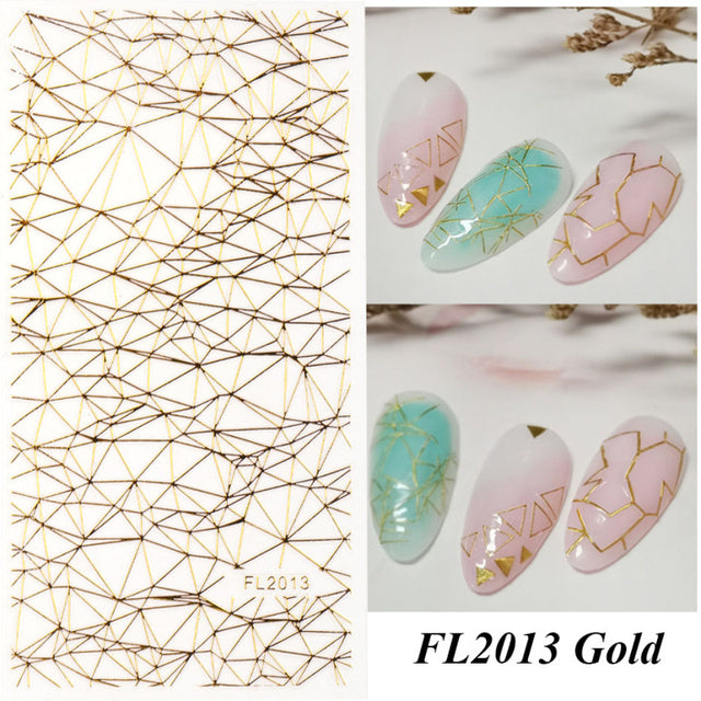 5D Nail sticker Flower and Lines Nail Decals Embossed foiled Gold White Self Adhesive Waterproof Nail Tip Decor Tool