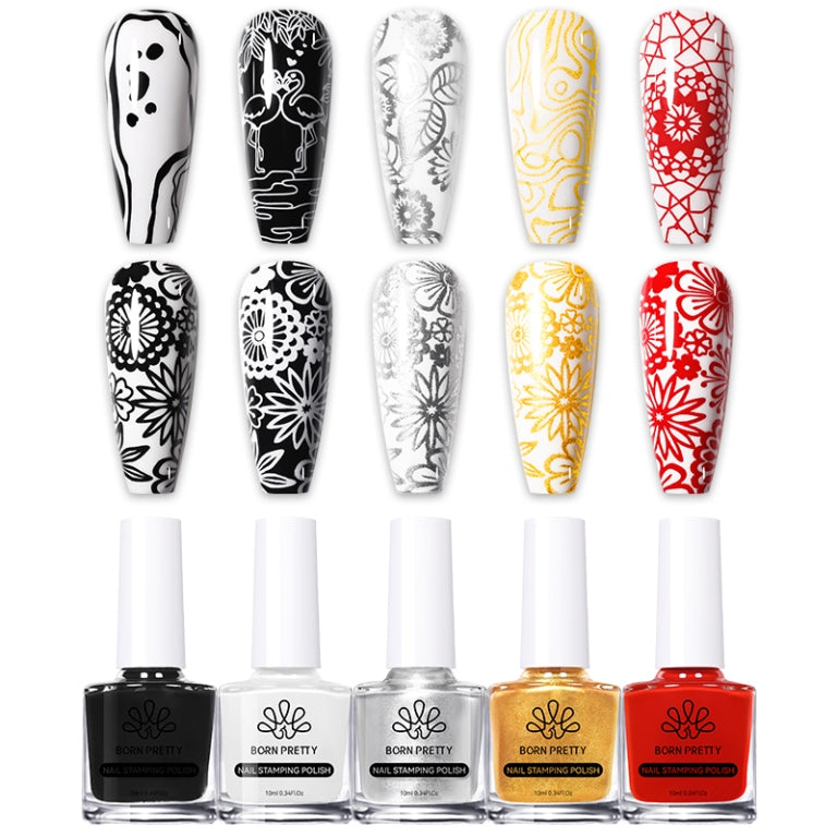 BORN PRETTY 1 Bottle 10ml Nail Stamping Polish Gold Silver Black White Color Nail Printing Polish