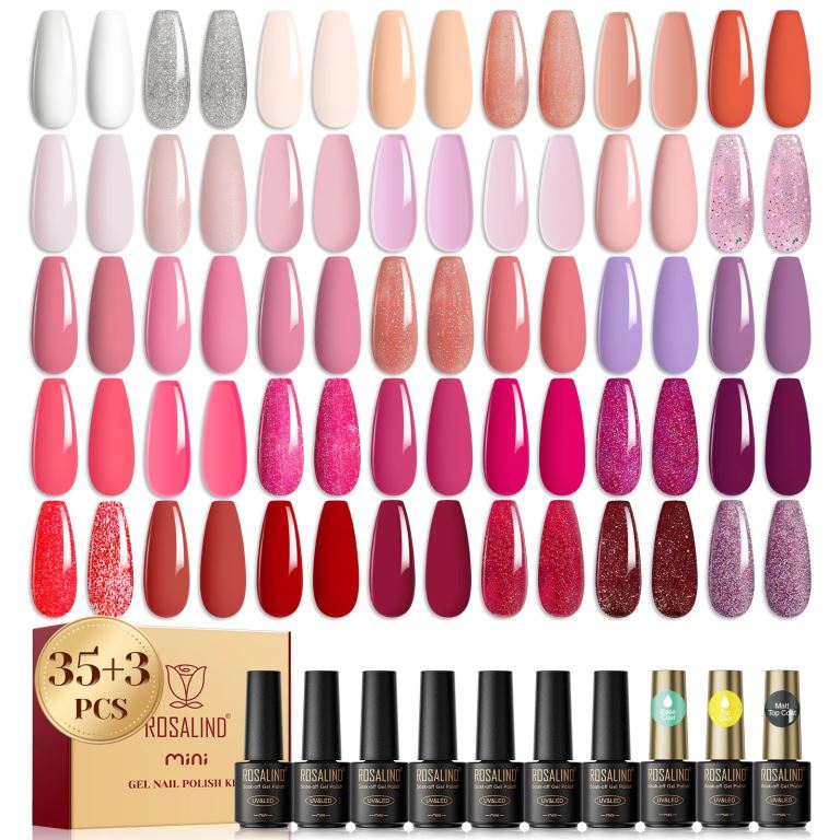 ROSALIND Gel Nail Polish Set 38 Colors Nude Red Gel Polish with Base Coat Glitter Glossy Matte Top Coat Manicure Set 38PCS Purple Wine Colors Suitable For All Seasons