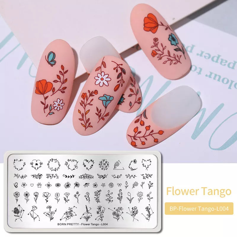 BORN PRETTY Rectangle Nail Stamping Plates Stainless Steel Simple Flower Tango-L004 For Nail stamping Art