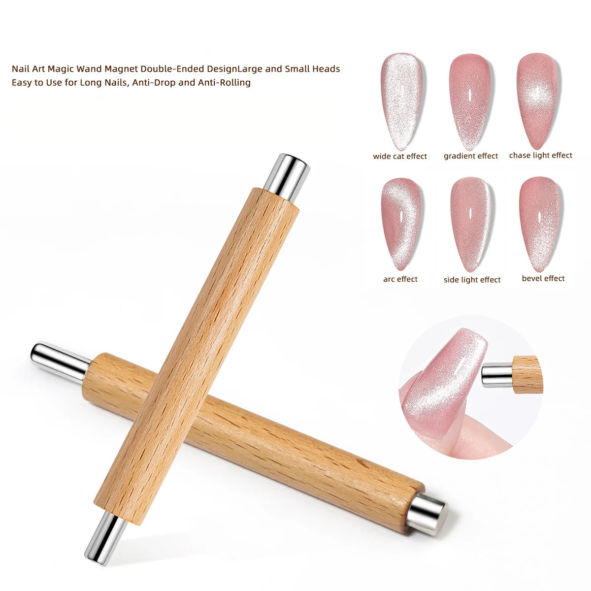 Cat Eye Magnet for Nails Wooden Anti-Fall Handle Double-Ended Cylindrical Magnet Double-Headed Cat Eye Magnetic Stick