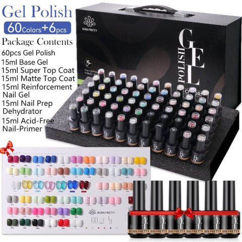 Born Pretty 60 colors gel nail polish set with 6 pcs functional gels Soak off UV LED gel for salon design and Manicure