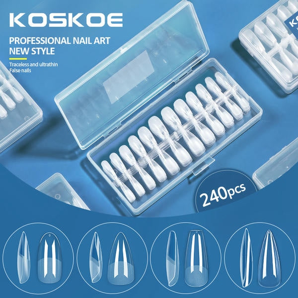 KOSKOE 240pcs Soft gel Nail Tips Transparent Full Cover Fake Press on Nails For Professional Manicures