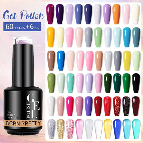 Born Pretty 60 colors gel nail polish set with 6 pcs functional gels Soak off UV LED gel for salon design and Manicure